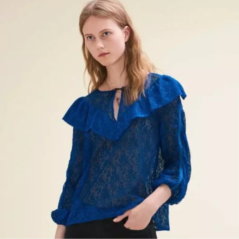 Maje Teal Semi Sheer Lace Blouse with Ruffle Detail Sz 1